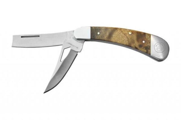 Folding knife with wood handle and stainless steel blades.