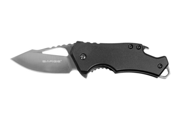 Compact folding knife with a black handle.