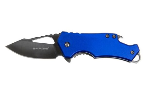 Blue folding knife with serrated edge.