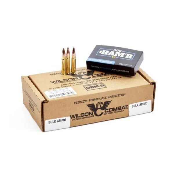 Box of Wilson Combat 300 HAWK ammunition with cartridges