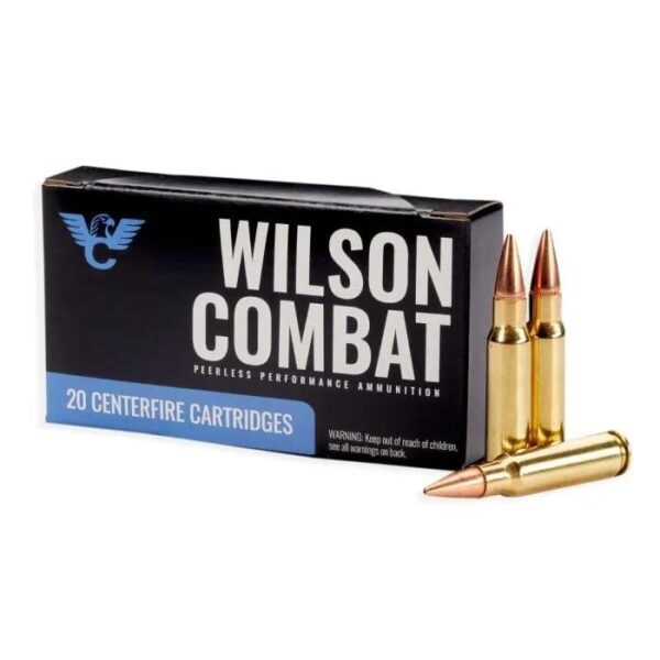 Wilson Combat centerfire ammunition box and cartridges.