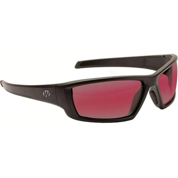 Stylish black sunglasses with red lenses.