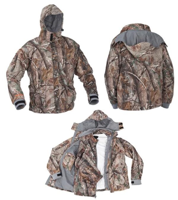 Camo jacket with hood, multiple views displayed.