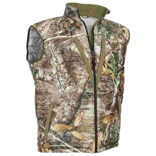Camouflage vest with zippered front and pockets.