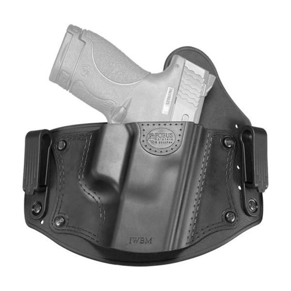 Black holster with handgun for concealed carry.