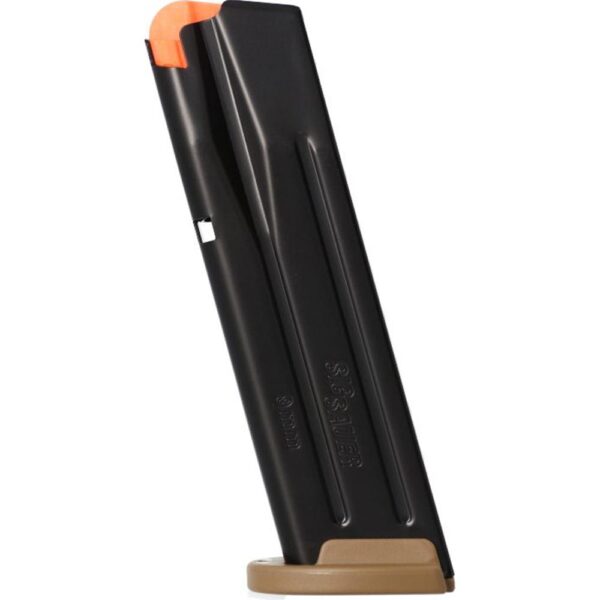 Black magazine with orange tip and tan base.