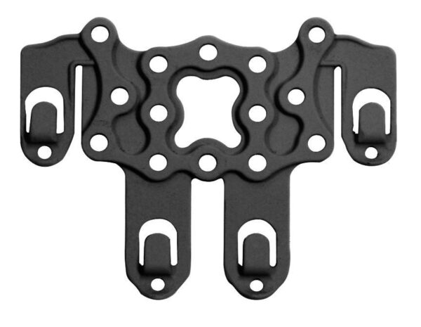 Black mechanical bracket with multiple holes and slots