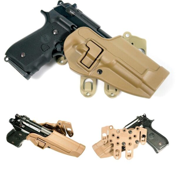 Black pistol in tan holster with attachments.