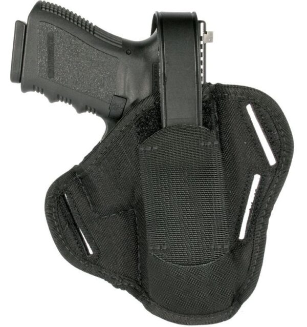 Black holster with a handgun securely fitted