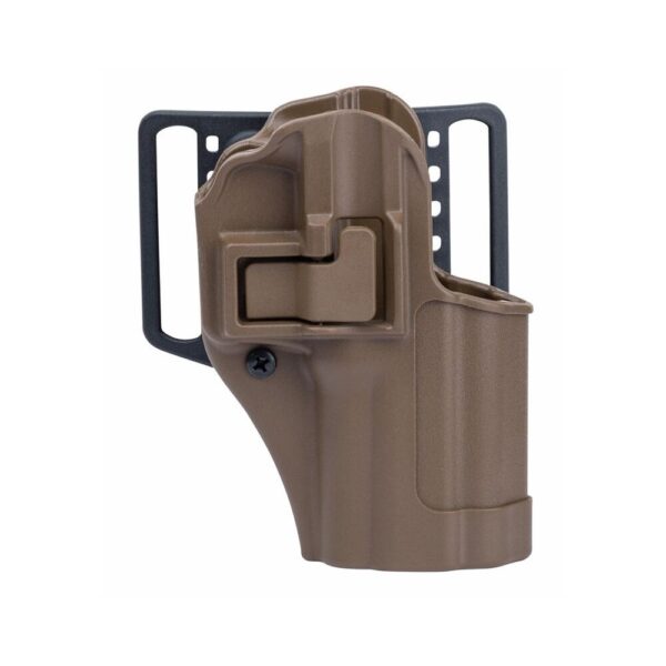 Brown tactical holster with adjustable attachment.