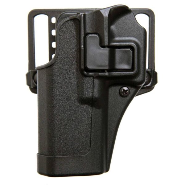 Close-up of a black pistol holster