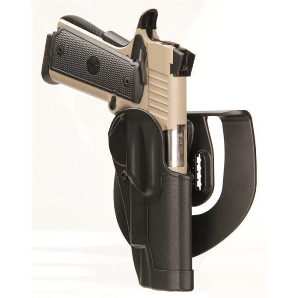 Side view of a pistol in a holster.