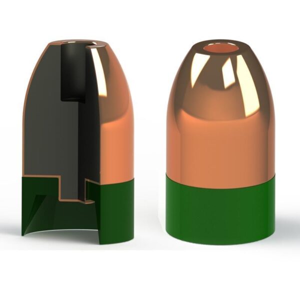 Close-up of copper-tipped bullet with green base.