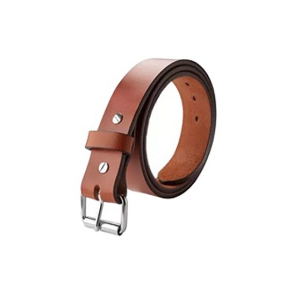 Stylish brown leather belt with silver buckle.