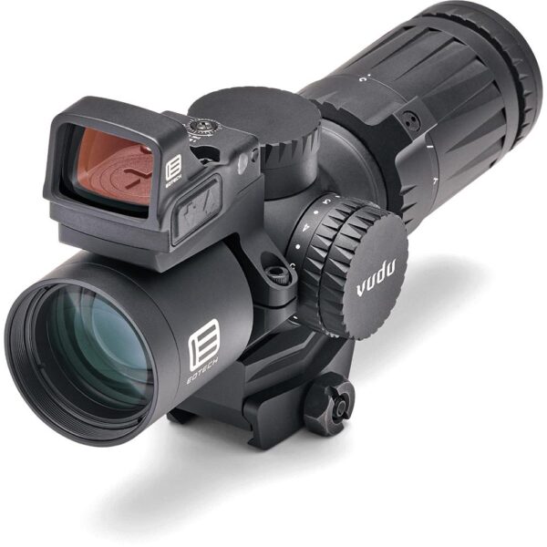 Black tactical rifle scope with red dot sight.