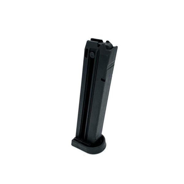 Black firearm magazine standing upright.