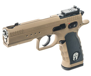 Tan semi-automatic pistol with tactical features