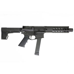 Black rifle with modern design and features.
