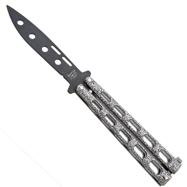 Black butterfly knife with textured handle design.