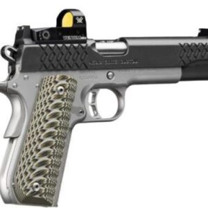 Detailed close-up of a sleek handgun.