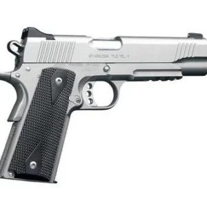 Silver semi-automatic pistol with textured grip.