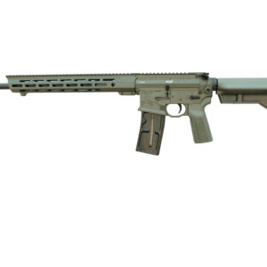 Side view of an olive green rifle.