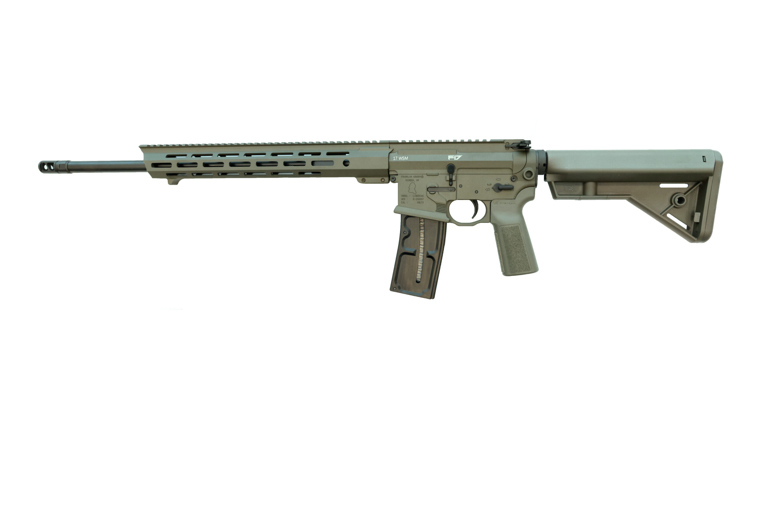 Side view of an olive green rifle.