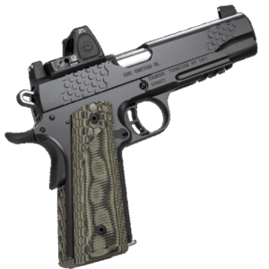 Detailed view of a compact handgun with textured grip.