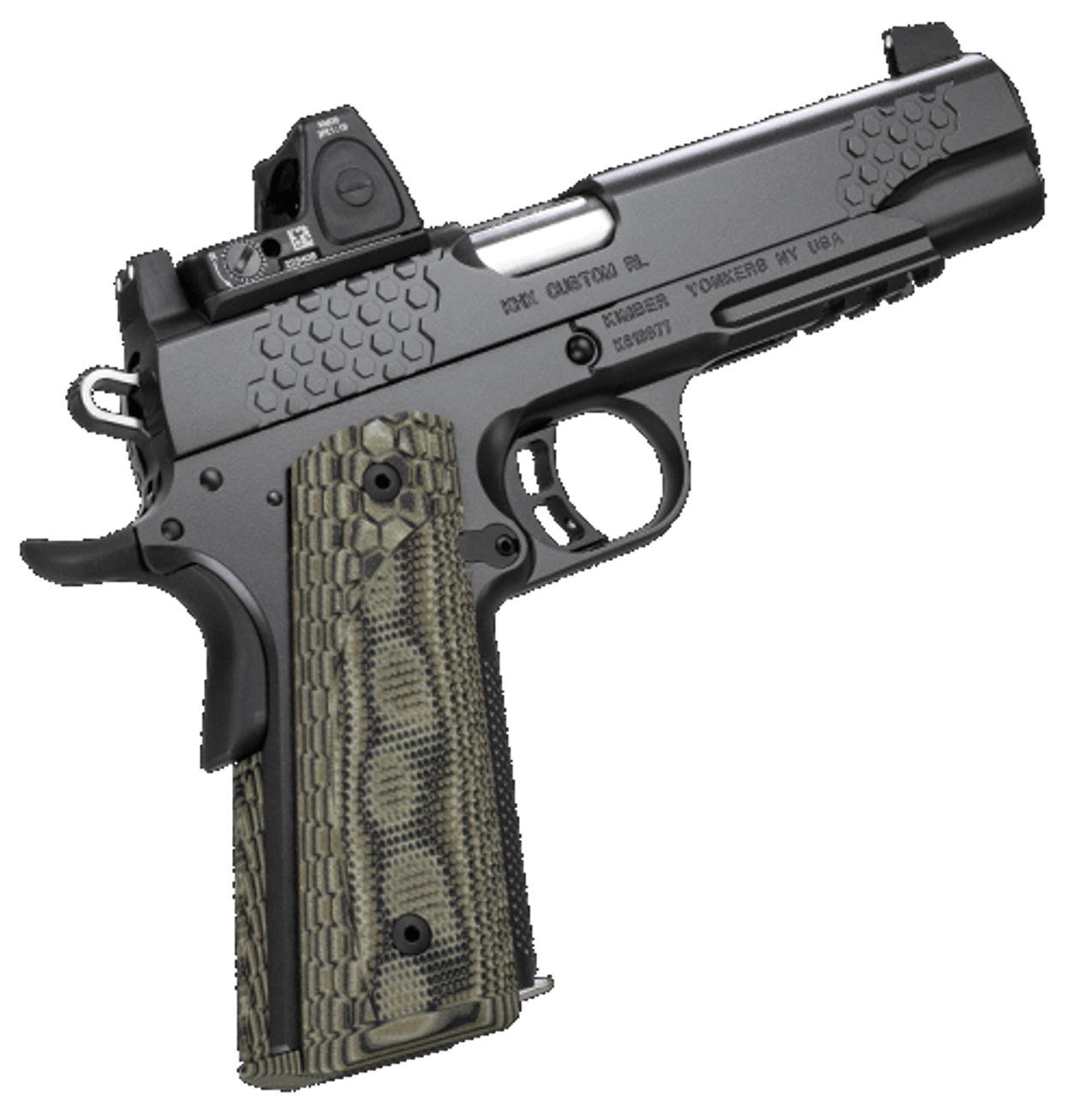 Detailed view of a compact handgun with textured grip.