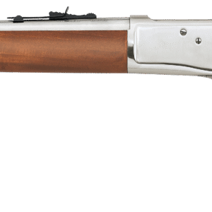 Stainless steel rifle with wooden stock.
