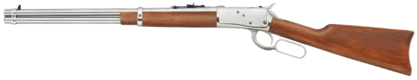 Stainless steel rifle with wooden stock.