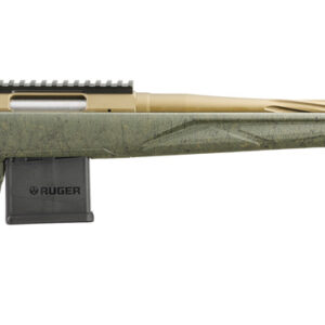 Green and tan rifle with precision barrel.