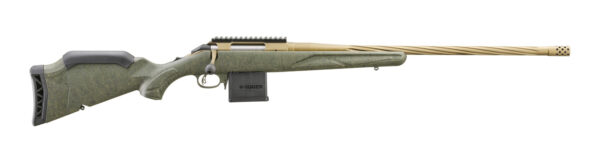 Green and tan rifle with precision barrel.
