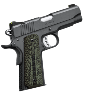 Black handgun with green textured grip.