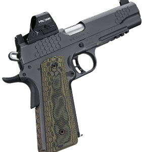 Handgun with a textured grip and red dot sight.