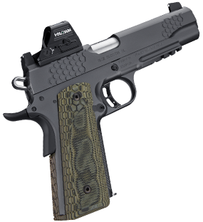 Handgun with a textured grip and red dot sight.