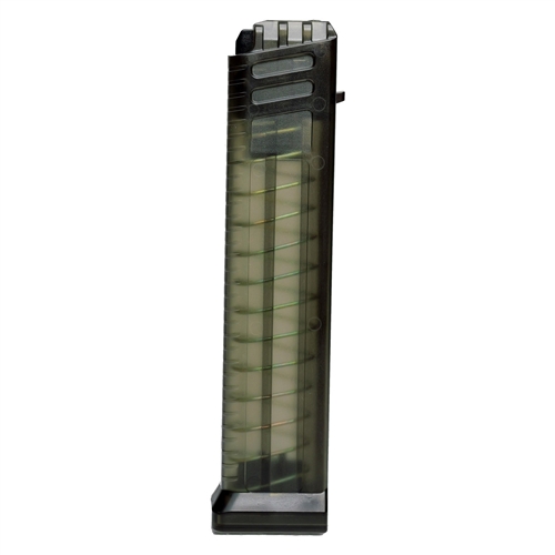 Transparent firearm magazine for ammunition storage.