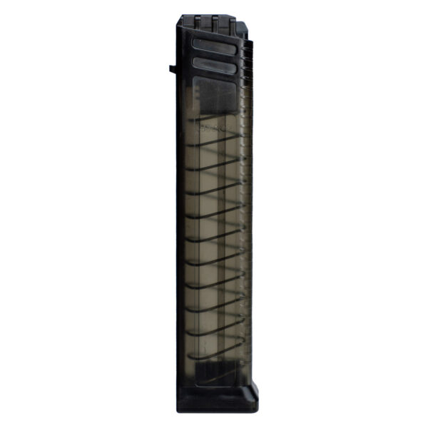 Side view of a transparent black magazine.