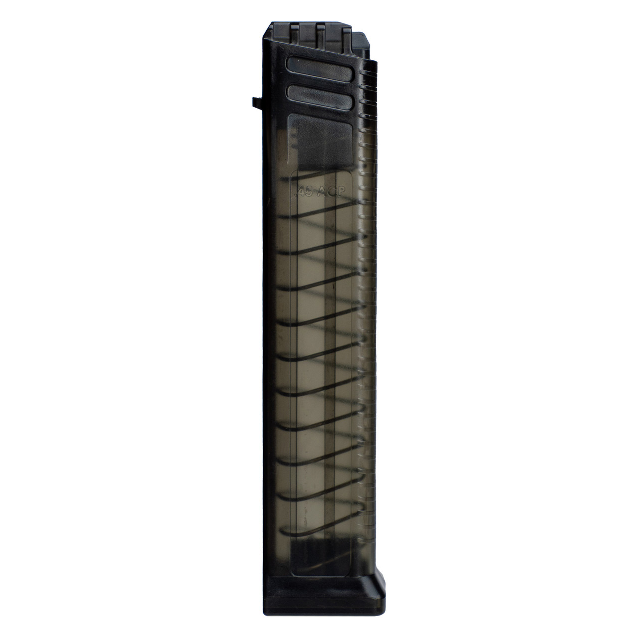 Side view of a transparent black magazine.