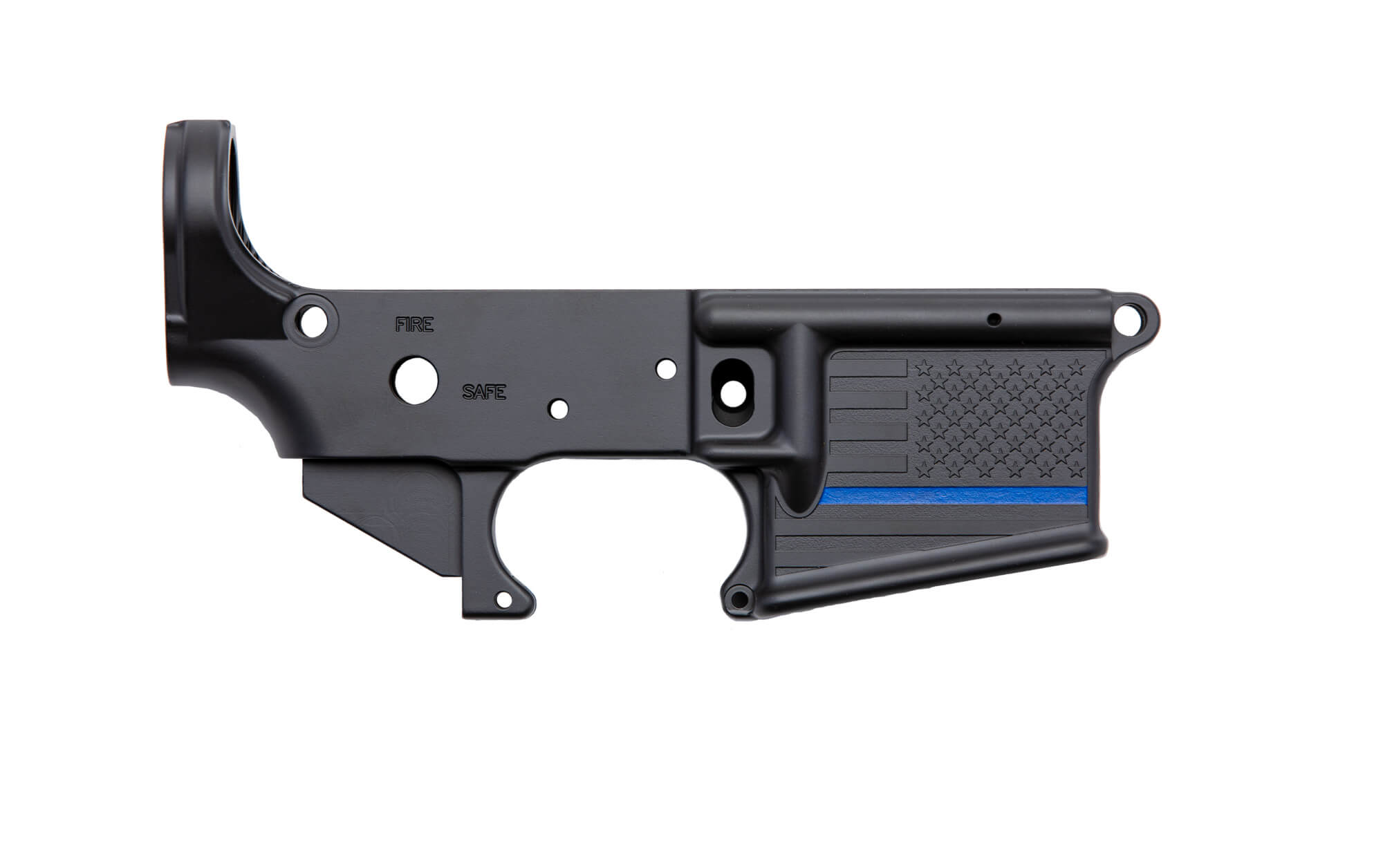 Black firearm lower receiver with blue stripe