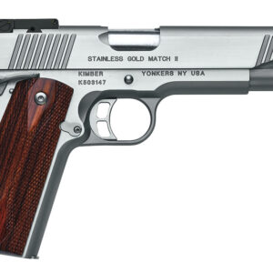 Stainless steel handgun with wooden grip details.