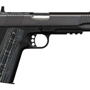 Black semi-automatic handgun on white background.