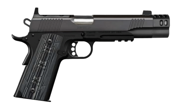 Black semi-automatic handgun on white background.
