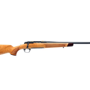 Side view of a wooden rifle with black accents.