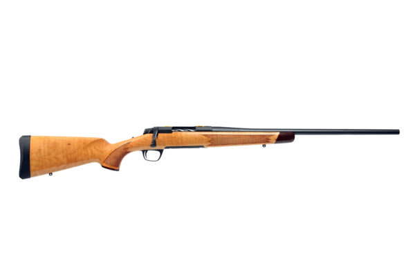 Side view of a wooden rifle with black accents.