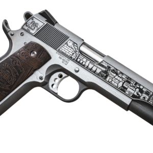Decorative handgun with bourbon-themed engraving design.