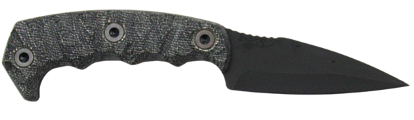 Black knife with textured grip handle.