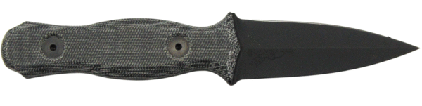 Black knife with textured handle and pointed blade.