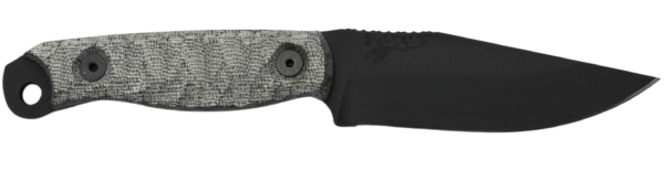 Black handled knife with textured grip.