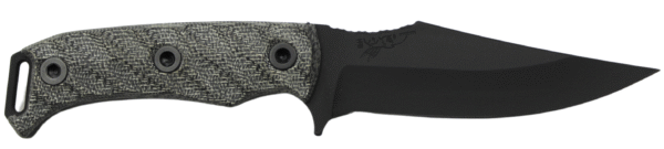 Black tactical knife with textured handle.